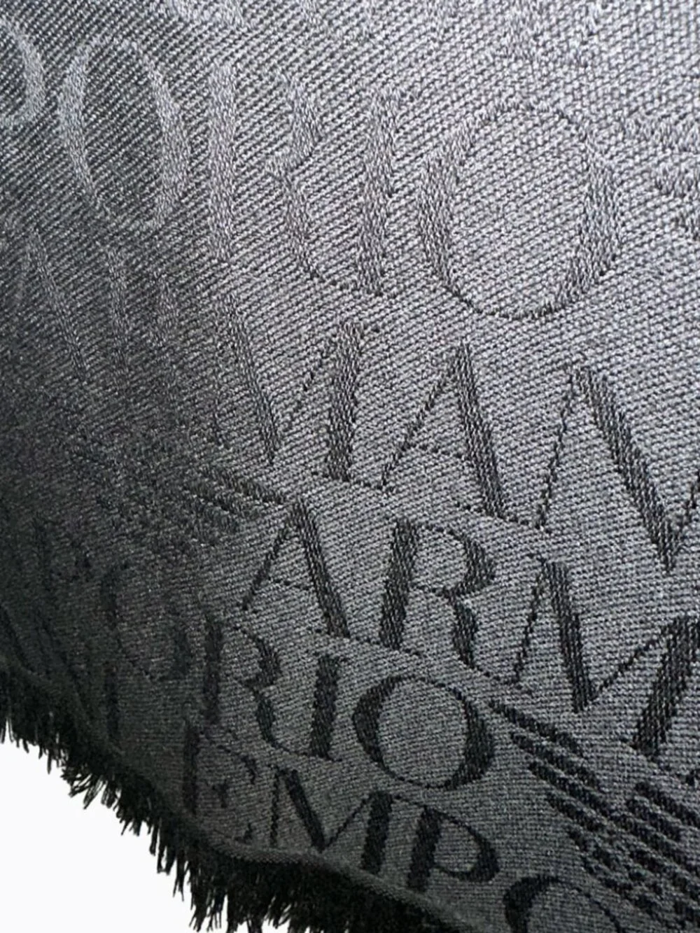 Emporio Armani Vintage Black Jacquard Logo Pattern Fringed Oblong Luxury Scarf